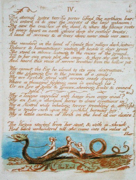 IV. البوابات الأبدية ... ، اللوحة 8 من كتاب ثيل 1789 (نقش بارز مطبوع باللون البني مع مرحاض على الورق) بواسطة وليام بليك