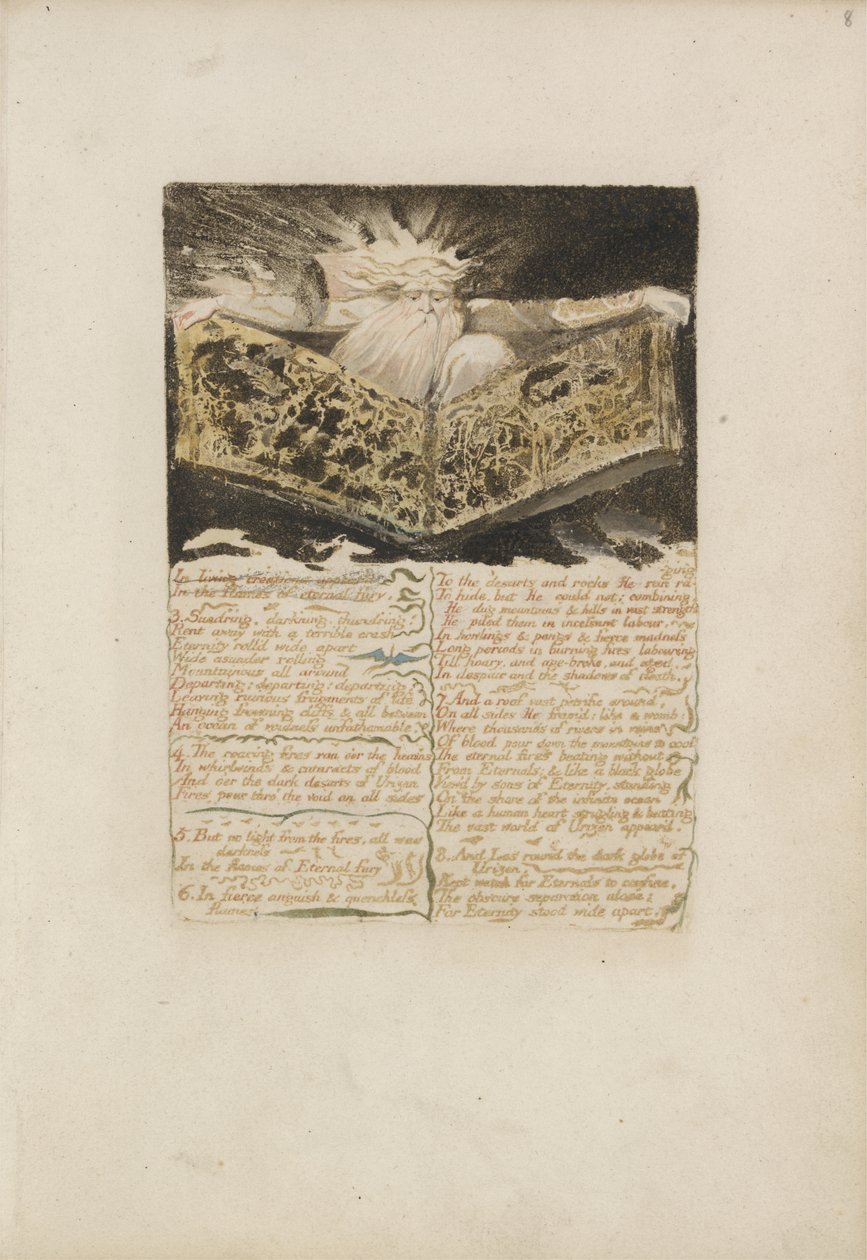 ظهرت في الإبداعات الحية ... ، اللوحة 8 من الكتاب الأول لأوريزين ، 1794 (نقش بارز مطبوع بالألوان بالحبر ومرحاض) بواسطة وليام بليك