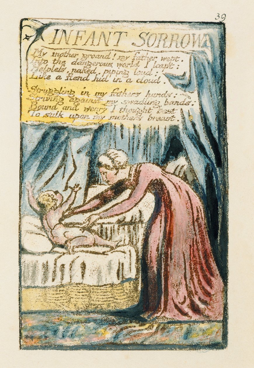 الحزن الرضيع ، اللوحة 39 (بنتلي 48) من "أغاني البراءة والخبرة" (Bentley Copy L) 1789-94 (النقش البارز بالقلم ومرحاض) بواسطة وليام بليك