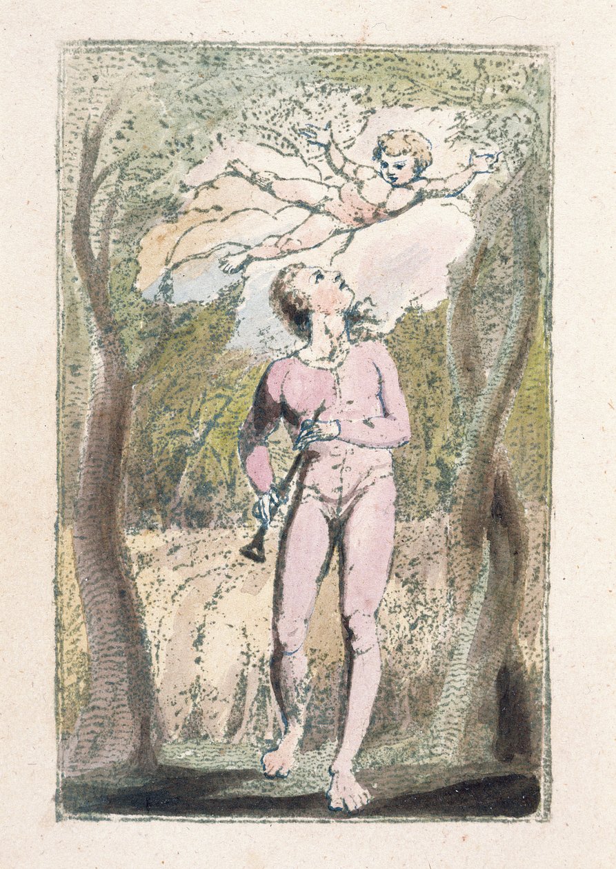 "Innocence" ، اللوحة 1 من "Songs of Innocence" ، 1789 (نقش بارز يدويًا مع مرحاض على ورق) بواسطة وليام بليك