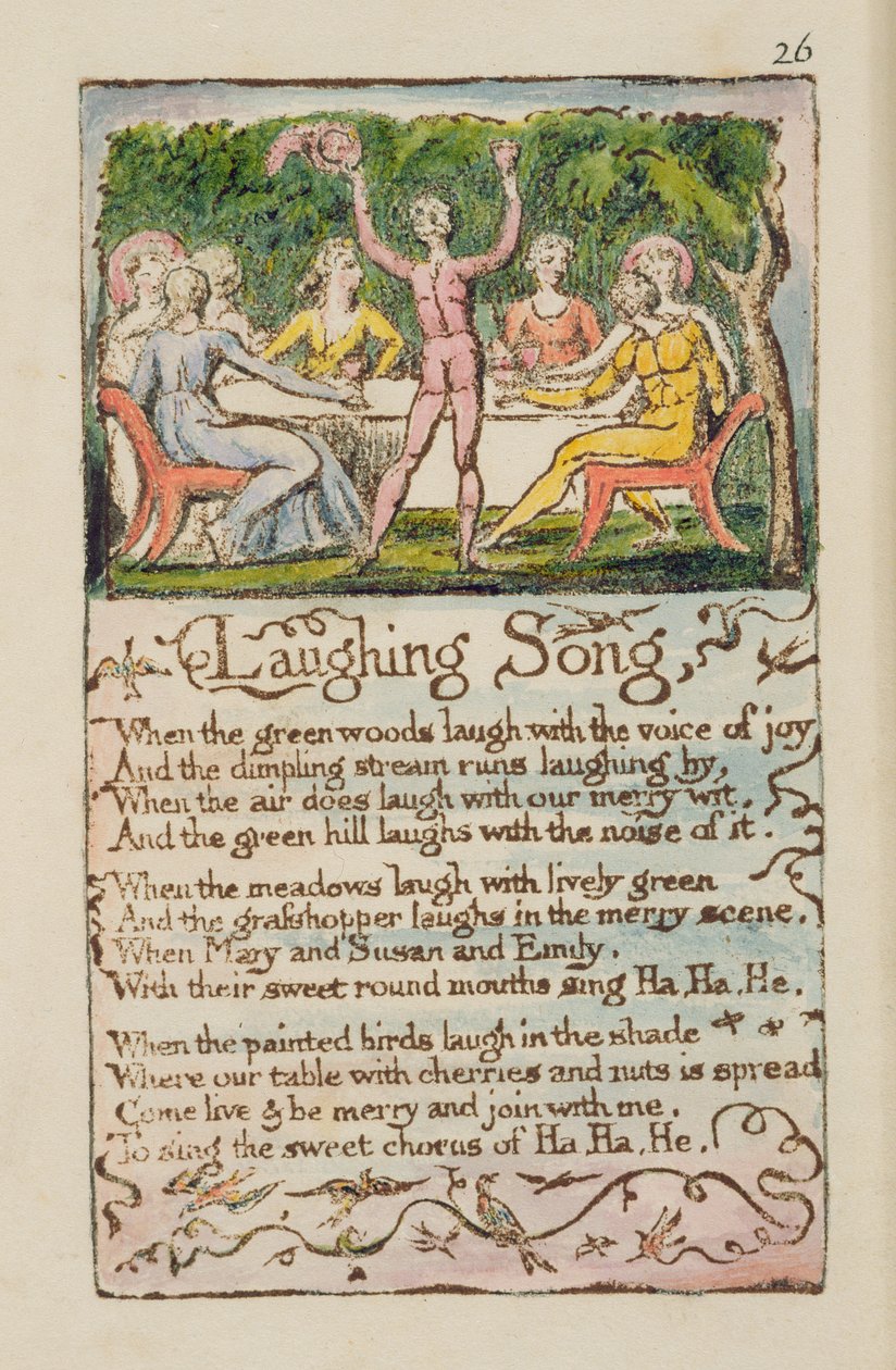 "أغنية ضاحكة" ، اللوحة 26 من "أغاني البراءة والتجربة" [بنتلي 15] c.1789-94 (نقش بارز مطبوع باللون البني الداكن مع قلم حبر ومرحاض) بواسطة وليام بليك