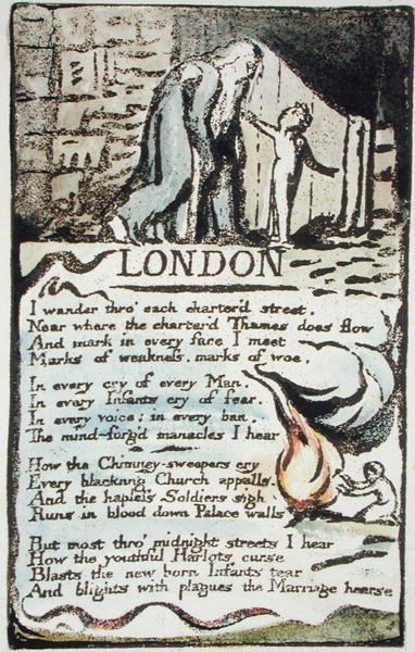 لندن ، اللوحة 51 (بنتلي 46) من أغاني البراءة والخبرة (Bentley Copy L) 1789-94 (النقش المرفوع بالقلم والحمام) بواسطة وليام بليك