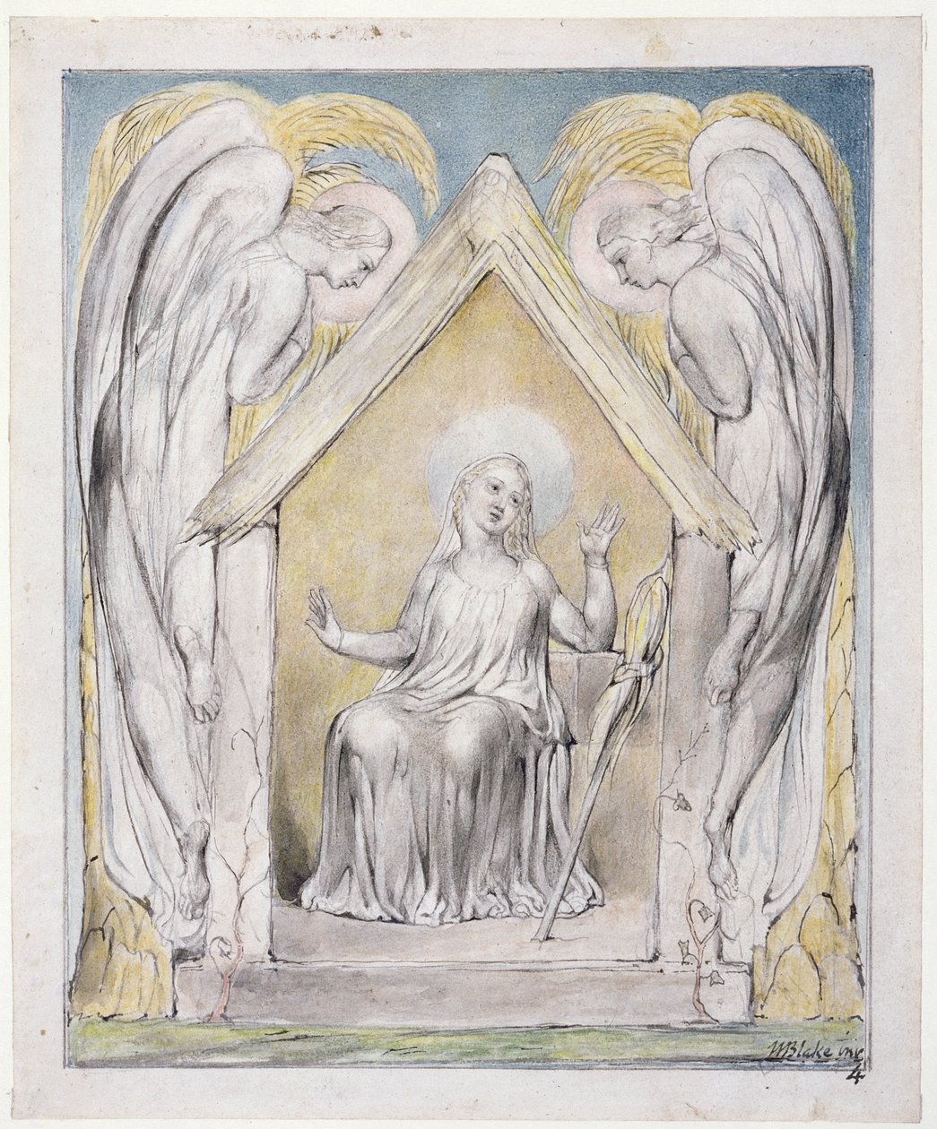 رثاء مريم للمسيح ، رسم توضيحي من "استعادة الجنة" لجون ميلتون ، 1816-1818 (قلم وحبر ، غسيل رمادي ومرحاض على ورق) بواسطة وليام بليك