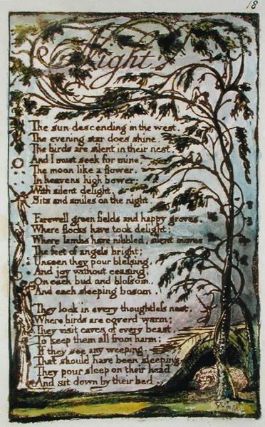 ليلة ، رسم توضيحي من أغاني البراءة والخبرة (Bentley Copy L) pl.18 (Bentley 20) 1789-94 (النقش البارز بالقلم والمرحاض على الورق) بواسطة وليام بليك