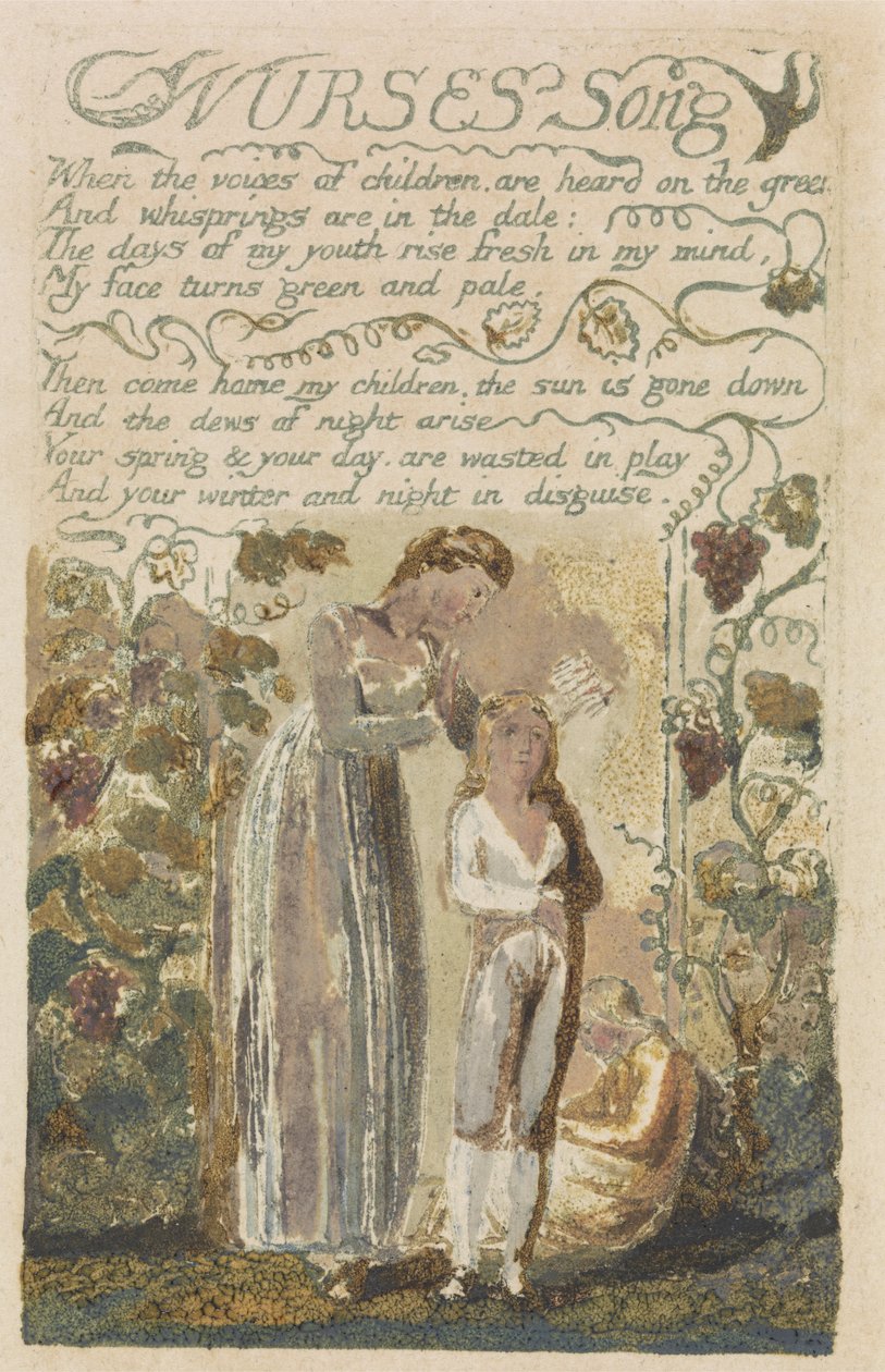 أغنية الممرضات ، اللوحة 36 من أغاني التجربة ، 1794 (النقش البارز مع مرحاض) بواسطة وليام بليك