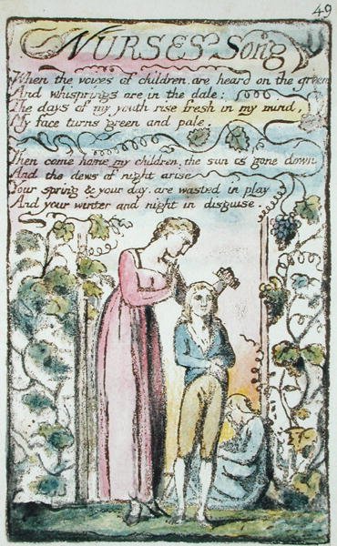 أغنية الممرضات ، اللوحة 49 (بنتلي 38) من أغاني البراءة والخبرة (Bentley Copy L) 1789-94 (النقش المرفوع بالقلم والمرحاض) بواسطة وليام بليك