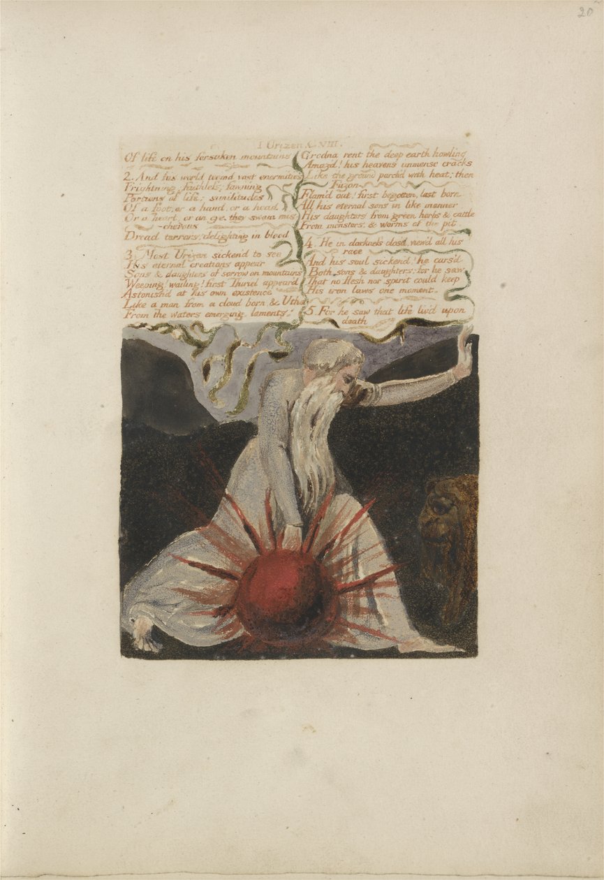 من الحياة المتخلى عن الجبال ... ، اللوحة 24 من الكتاب الأول لأوريزين ، 1794 (نقش بارز مطبوع بالألوان بالحبر ومرحاض على الورق) بواسطة وليام بليك