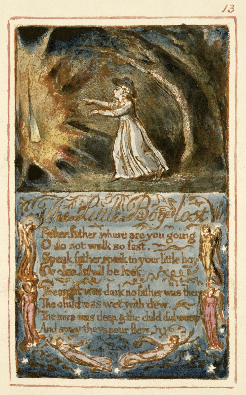 P.125-1950.pt13 الصبي الصغير المفقود: اللوحة 13 من "أغاني البراءة والخبرة" (نسخة AA) c.1815-26 (النقش والحبر والمرحاض) بواسطة وليام بليك