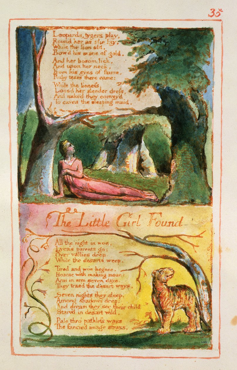 P.125-1950.pt35 الفتاة الصغيرة التي تم العثور عليها: اللوحة 35 من أغاني البراءة والخبرة (نسخة AA) c.1815-26 (النقش والحبر والمرحاض) بواسطة وليام بليك