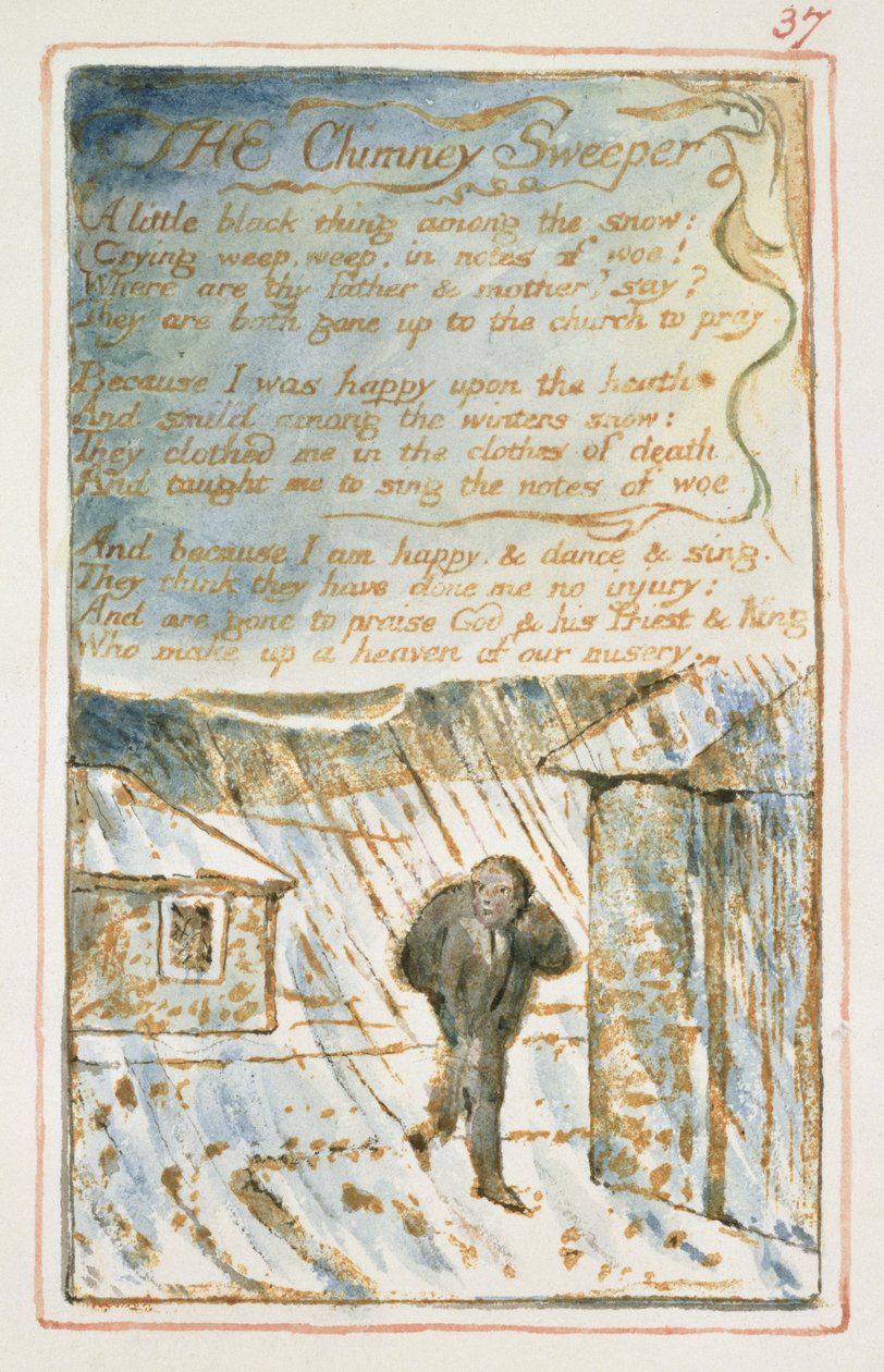 P.125-1950.pt37 The Chimney Sweeper: اللوحة 37 من أغاني البراءة والخبرة (نسخة AA) c.1815-26 (النقش والحبر والمرحاض) بواسطة وليام بليك
