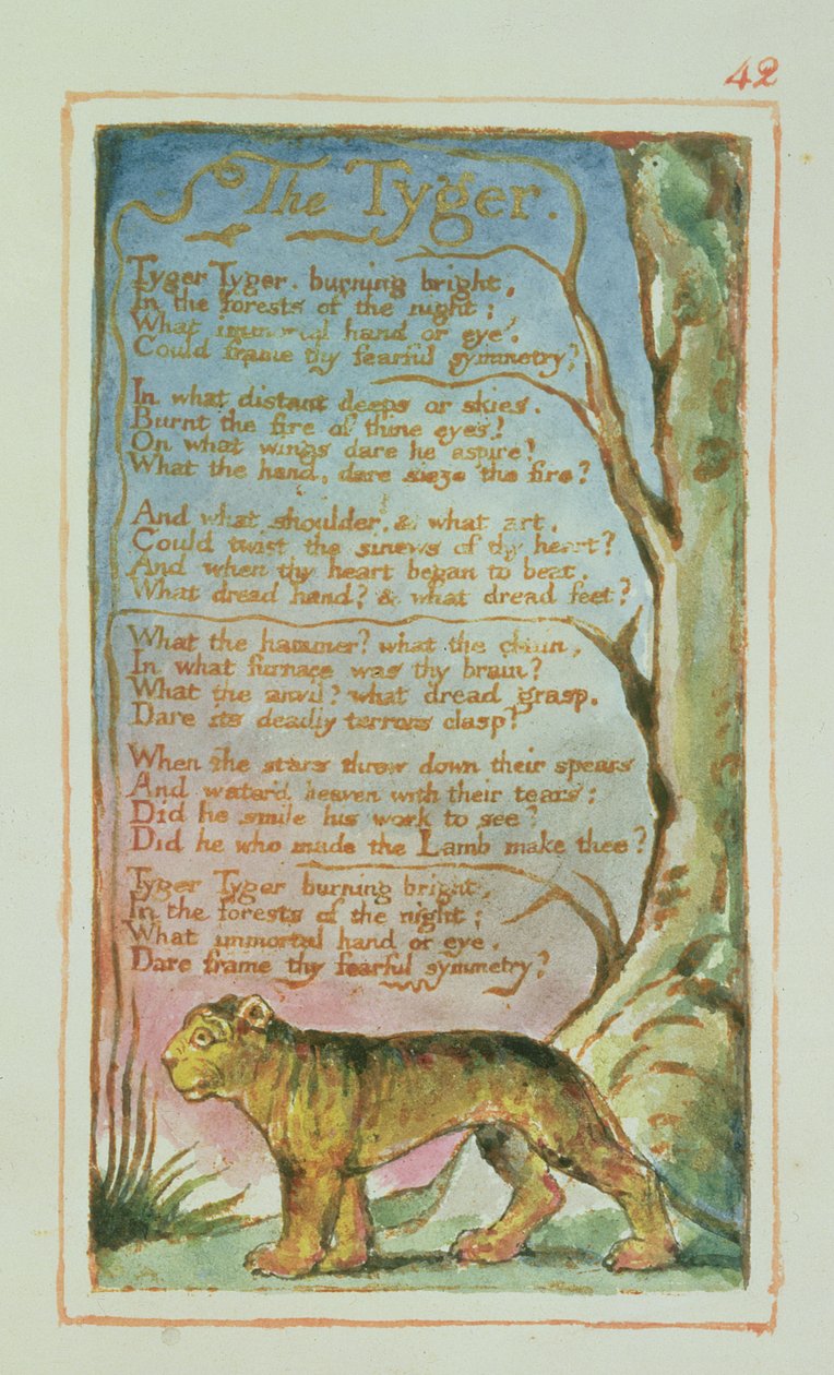 P.125-1950.pt42 The Tyger: اللوحة 42 من أغاني البراءة والخبرة (نسخة AA) c.1815-26 (النقش والحبر والمرحاض) بواسطة وليام بليك
