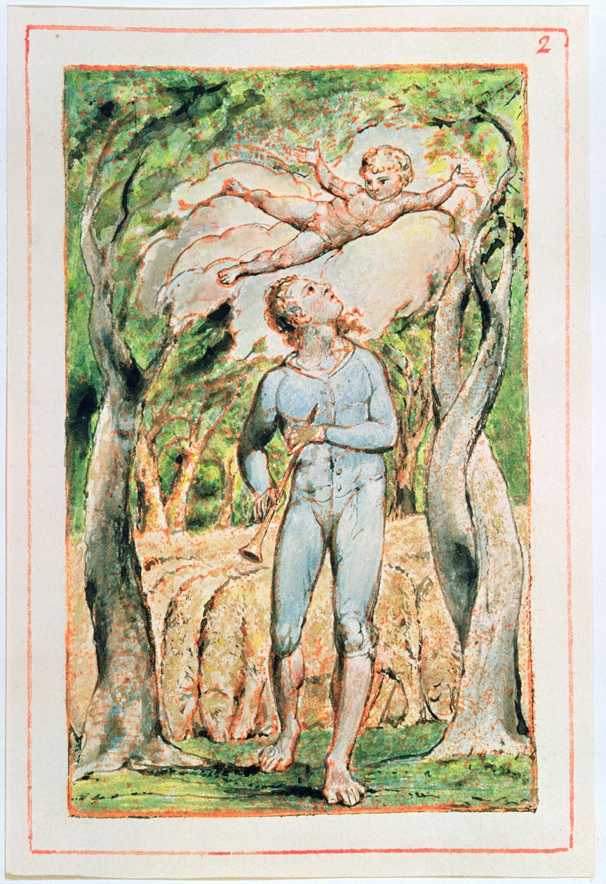 أغاني البراءة. الزمار (صورة أمامية) ، 1789 (نقش بارز ، مظلل بالمرحاض) بواسطة وليام بليك