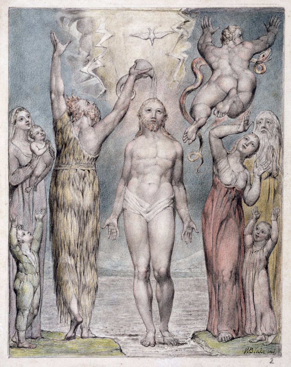 معمودية المسيح ، صورة من "استعادة الجنة" لجون ميلتون ، 1816-1818 (قلم جاف وحبر ، غسيل رمادي ومرحاض على ورق) بواسطة وليام بليك