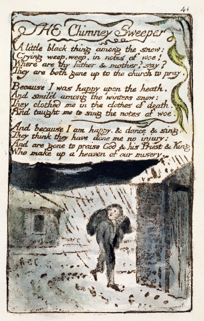 "The Chimney Sweeper" ، اللوحة 41 (Bentley 37) من "Songs of Innocence and of Experience" (Bentley Copy L) 1789-94 (النقش البارز بالقلم ومرحاض) بواسطة وليام بليك