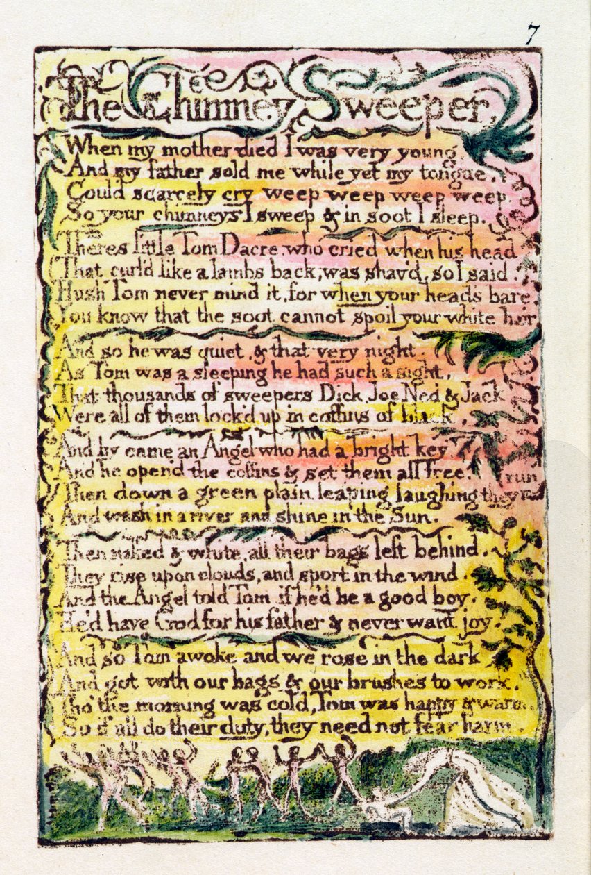 "The Chimney Sweeper" ، اللوحة 7 (Bentley 12) من "Songs of Innocence and of Experience" (Bentley Copy L) 1789-94 (النقش المرتفع بالقلم والمرحاض) بواسطة وليام بليك