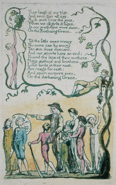 The Ecchoing Green ، وهم يضحكون على مسرحيتنا ... ، اللوحة 8 من أغاني البراءة ، 1789 (النقش اليدوي الملون بالألوان المائية) بواسطة وليام بليك