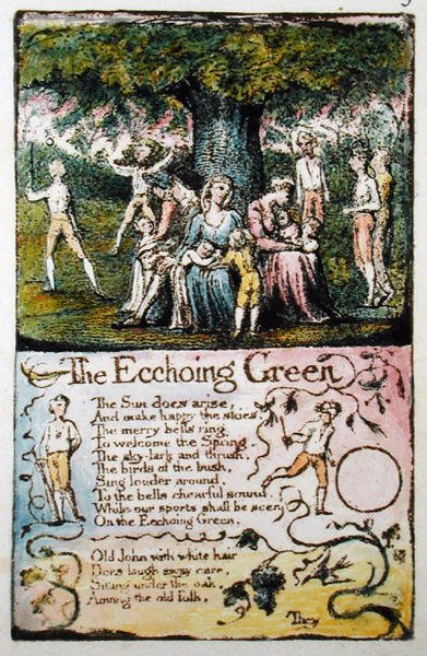 The Echoing Green ، اللوحة 5 (Bentley 6) من أغاني البراءة والخبرة (Bentley Copy L) 1789-94 (النقش المرتفع بالقلم والمرحاض) بواسطة وليام بليك