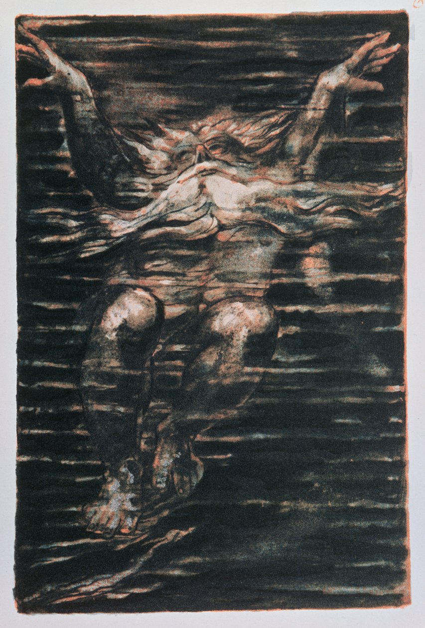 الكتاب الأول لأوريزن ؛ رجل ملتح يسبح من خلال الماء ، 1794 (حفر منقوش ملون) بواسطة وليام بليك