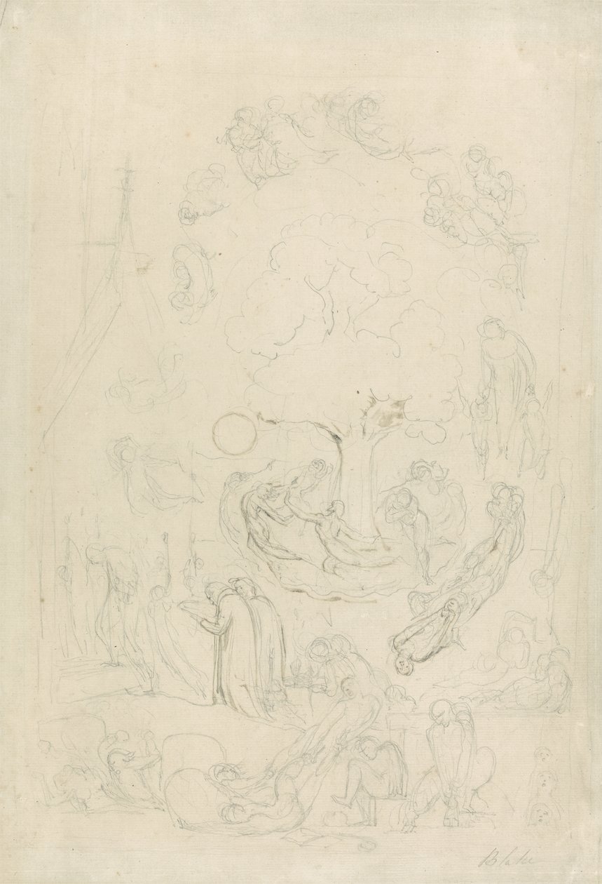 جامبولز الأشباح حسب عاطفتهم السابقة للحكم النهائي ، 1805-08 (الجرافيت وغسل البني على الورق) بواسطة وليام بليك