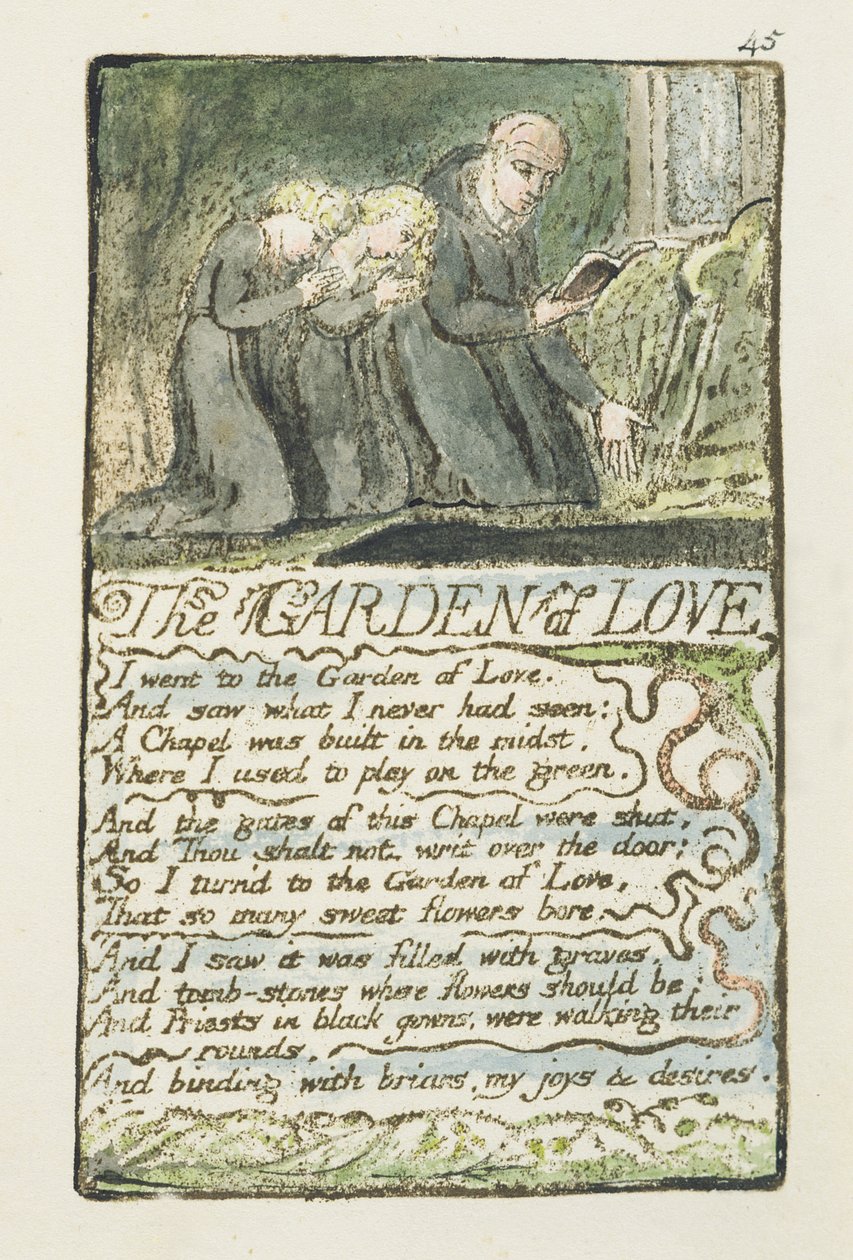 The Garden of Love ، اللوحة 45 (Bentley 44) من "Songs of Innocence and of Experience" (Bentley Copy L) 1789-94 (النقش المرتفع بالقلم ومرحاض) بواسطة وليام بليك