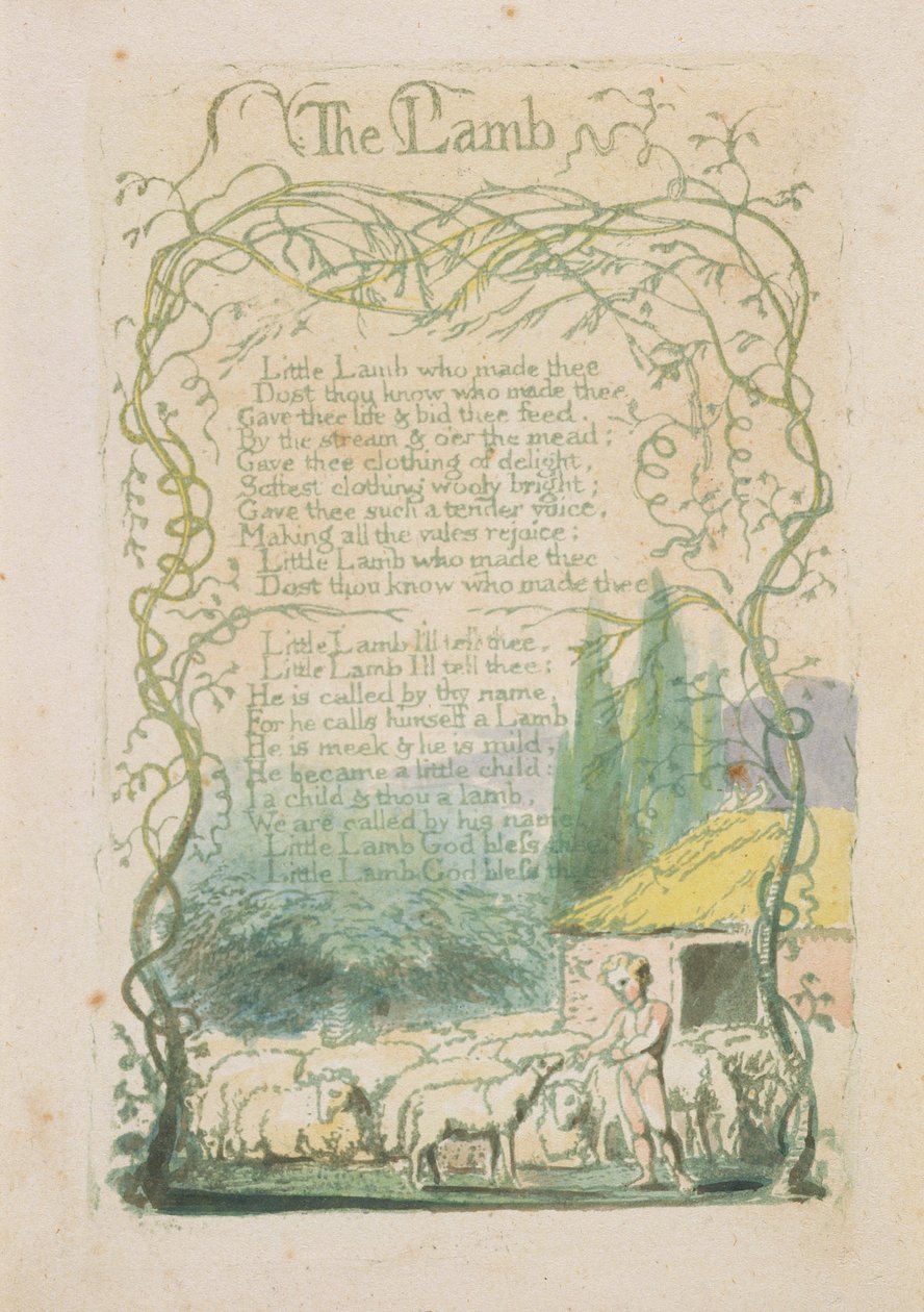 "الحمل" ، اللوحة 17 من "أغاني البراءة" ، 1789 (نقش بارز يدويًا بالألوان المائية) بواسطة وليام بليك