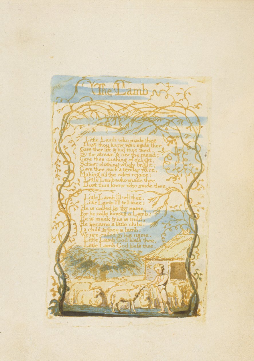 "الخروف" ، اللوحة 8 من "أغاني البراءة" ، 1789 (نقش بارز مع مرحاض على ورق) بواسطة وليام بليك