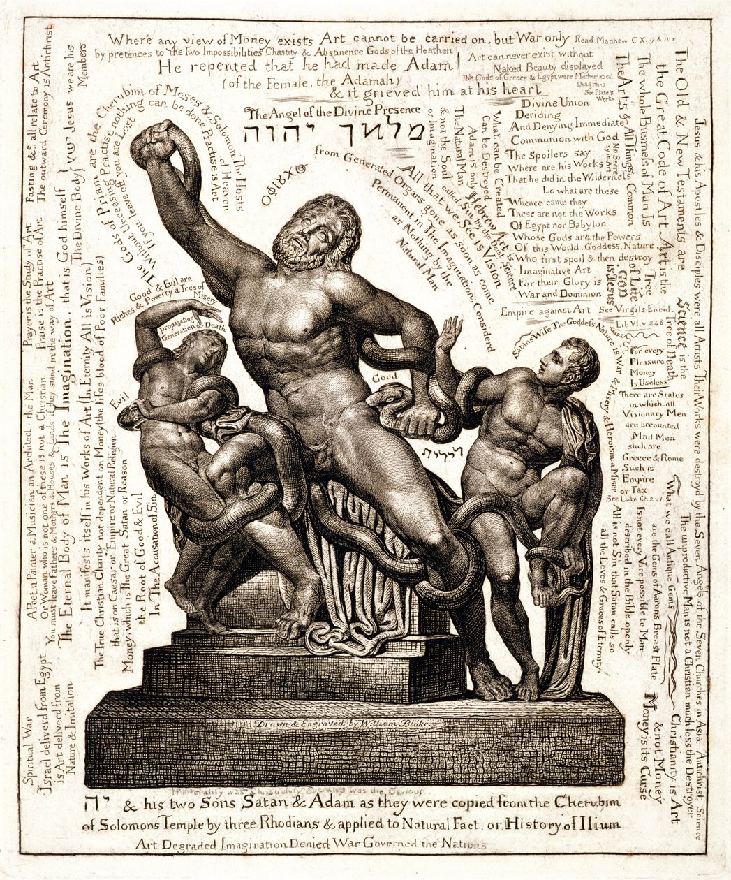The Laocoon مثل يهوه مع الشيطان وآدم ، c.1820 (نقش الخط) بواسطة وليام بليك