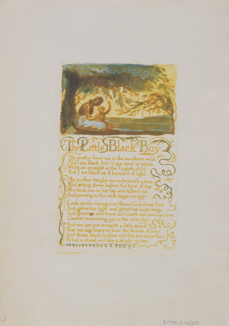 الصبي الأسود الصغير ، اللوحة 29 من أغاني البراءة ، 1789 (النقش البارز مع مرحاض) بواسطة وليام بليك