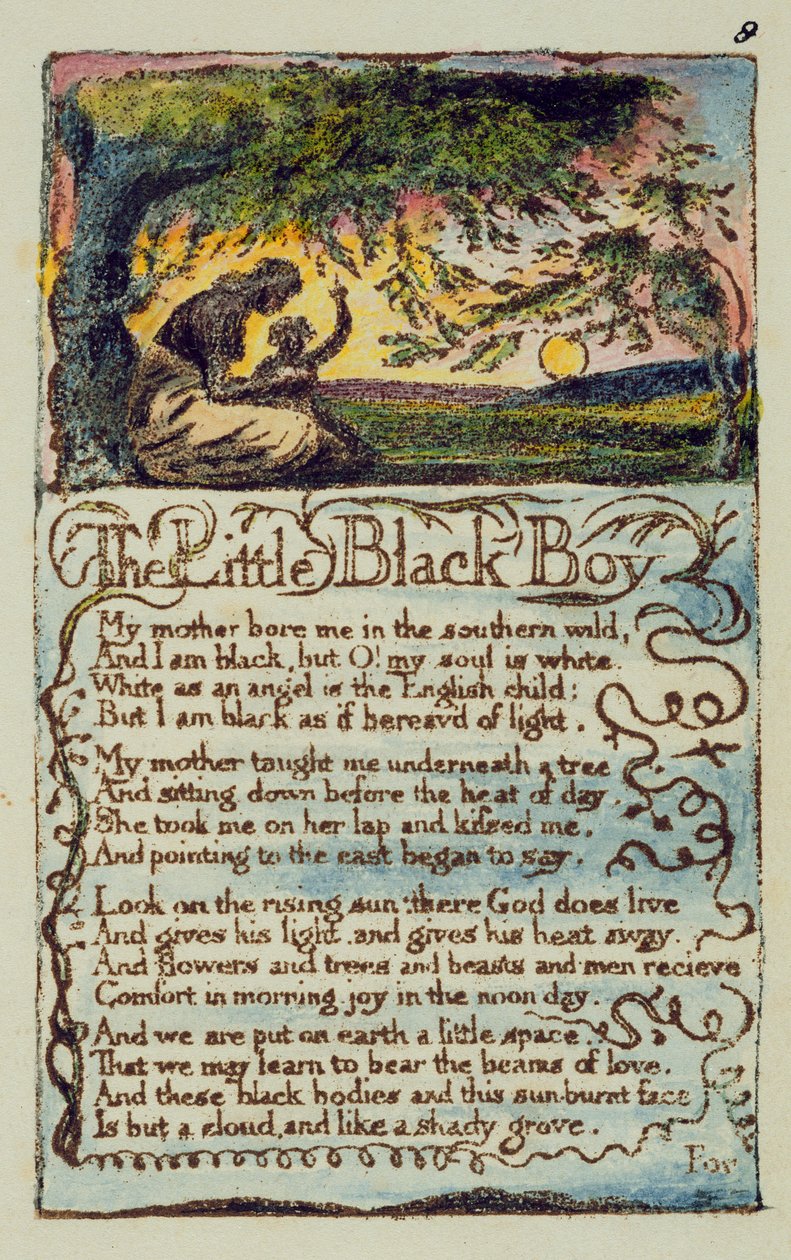 The Little Black Boy ، اللوحة 8 (Bentley 9) من "Songs of Innocence and of Experience" (Bentley Copy L) 1789-94 (النقش البارز بالقلم والمرحاض) بواسطة وليام بليك