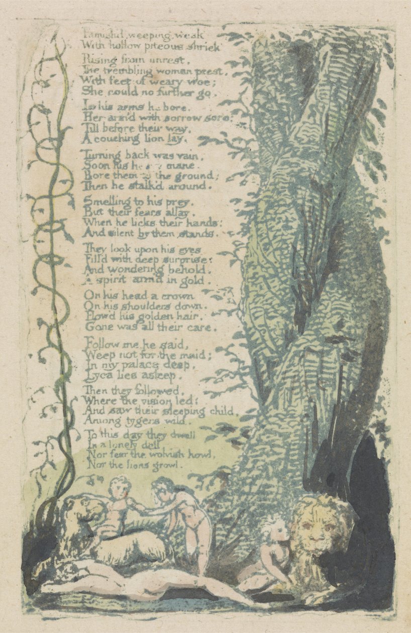 العثور على الفتاة الصغيرة ، والبكاء العائلي ... ، اللوحة 2 من أغاني البراءة ، 1789 (نقش بارز يدويًا بالألوان المائية) بواسطة وليام بليك