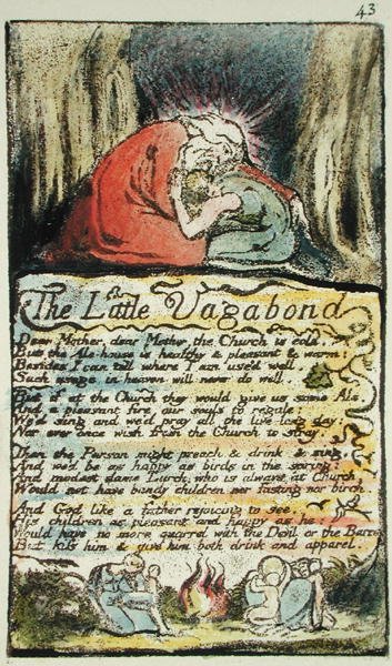 The Little Vagabond ، اللوحة 43 (Bentley 45) من أغاني البراءة والخبرة (Bentley Copy L) 1789-94 (النقش البارز بالقلم والمرحاض) بواسطة وليام بليك