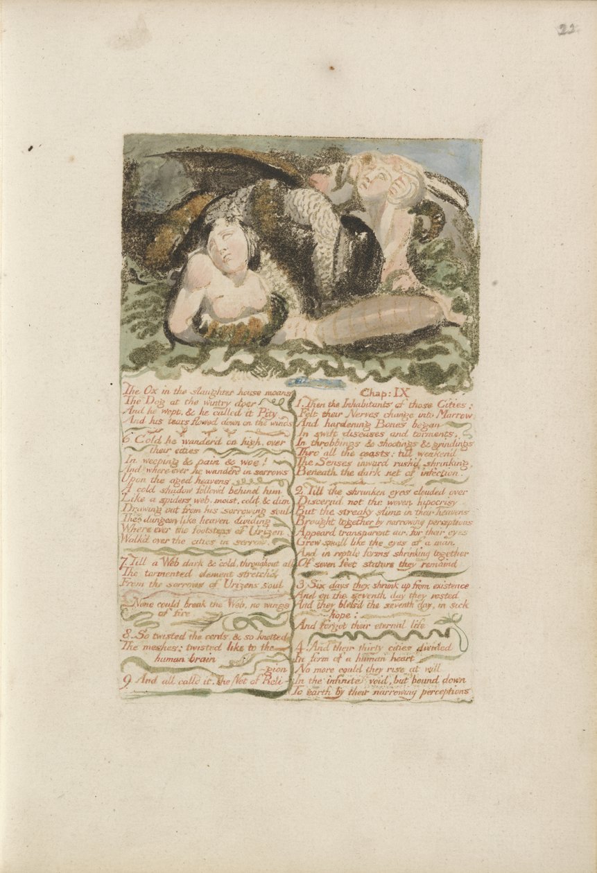يثور الثور في المسلخ ... ، اللوحة 26 من الكتاب الأول لأوريزين ، 1794 (نقش بارز مطبوع بالألوان بالحبر ومرحاض على الورق) بواسطة وليام بليك