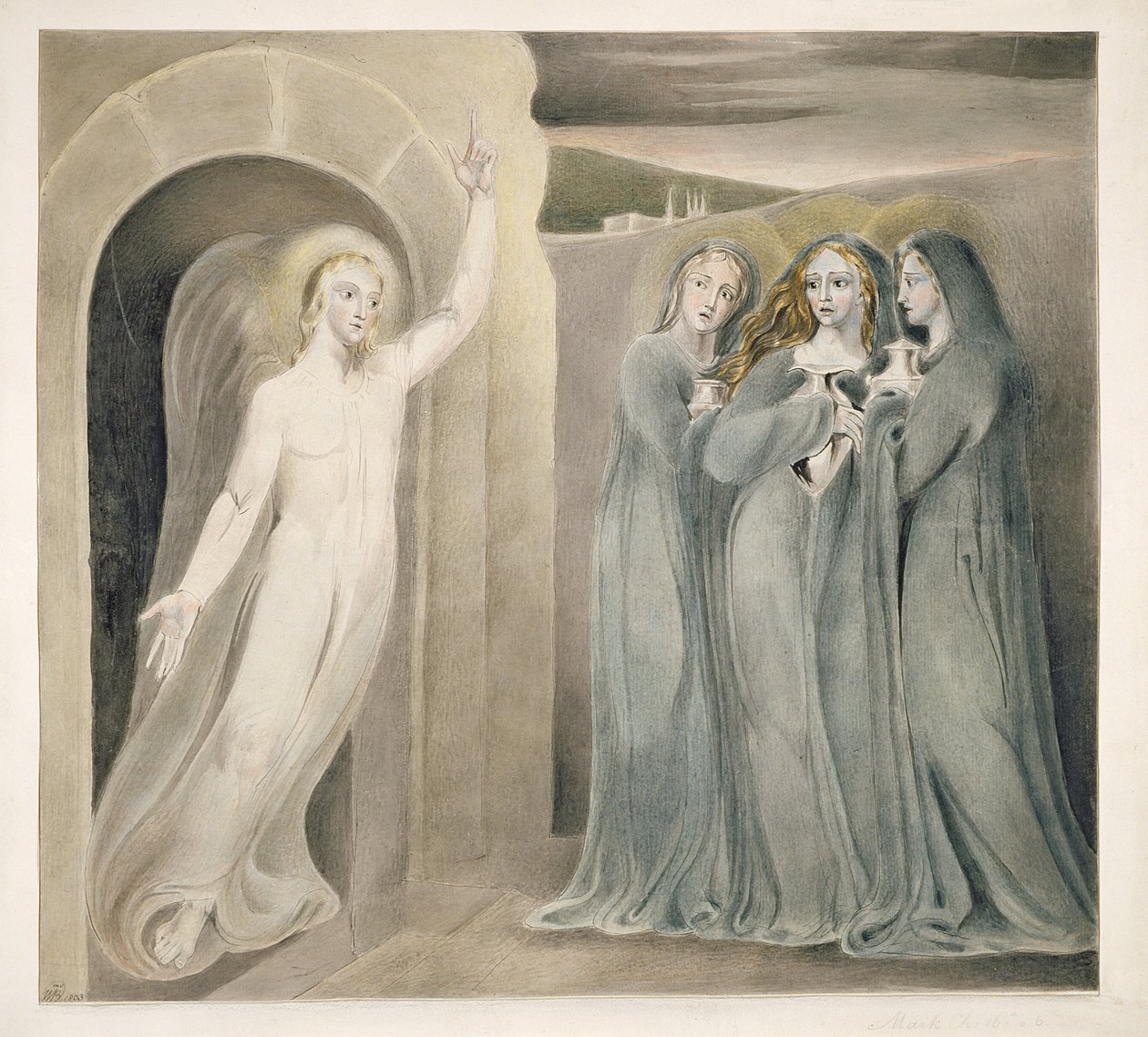 The Three Marys at the Sepulcher، c.1800 (قلم وحبر مع غسيل ومرحاض على ورق) بواسطة وليام بليك