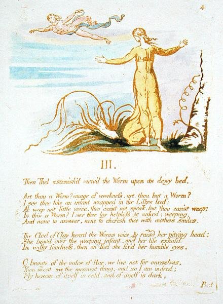 ثم Thel Astonishd ... ، اللوحة 6 من كتاب ثيل ، 1789 (نقش بارز باليد بالقلم ومرحاض على الورق) بواسطة وليام بليك
