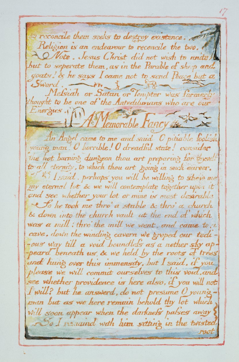 للتوفيق بينهما يسعى إلى تدمير الوجود ... ، نص من زواج السماء والجحيم ، c.1790-3 (النقش البارز انتهى بالقلم والمرحاض) بواسطة وليام بليك