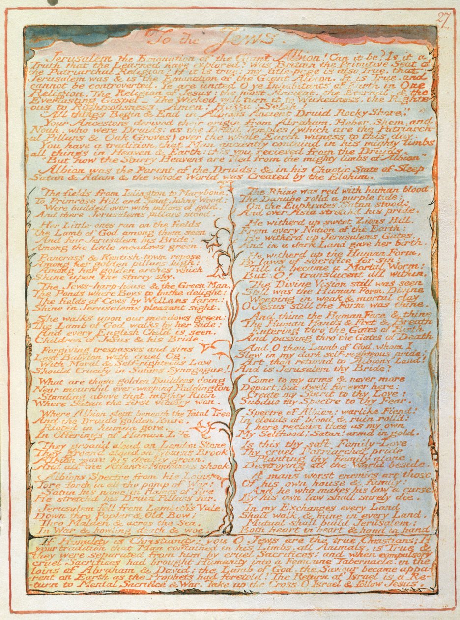 "إلى اليهود ..." ، اللوحة 27 من "القدس" ، 1804-20 (نقش مطبوع باللون البرتقالي بقلم ومرحاض على ورق) بواسطة وليام بليك