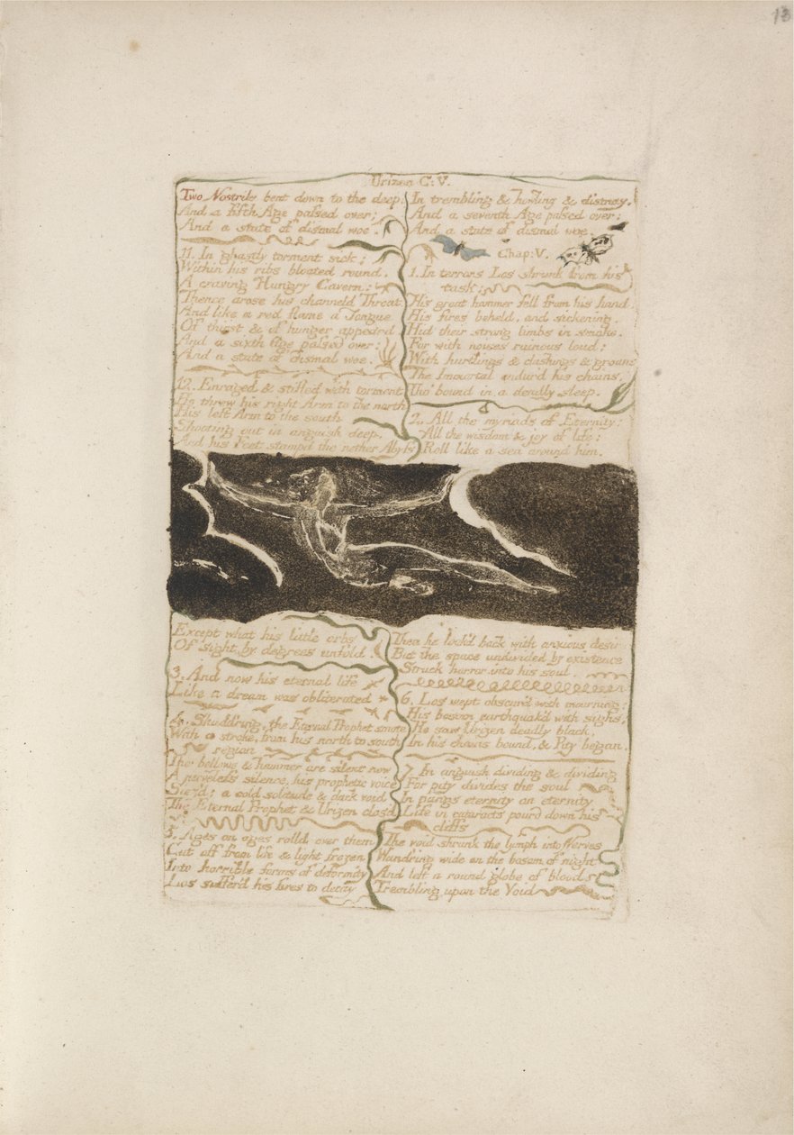 ينحني ختان من الأنف إلى العمق ... ، اللوحة 16 من الكتاب الأول لأوريزين ، 1794 (نقش بارز مطبوع بالألوان بالحبر ومرحاض على الورق) بواسطة وليام بليك