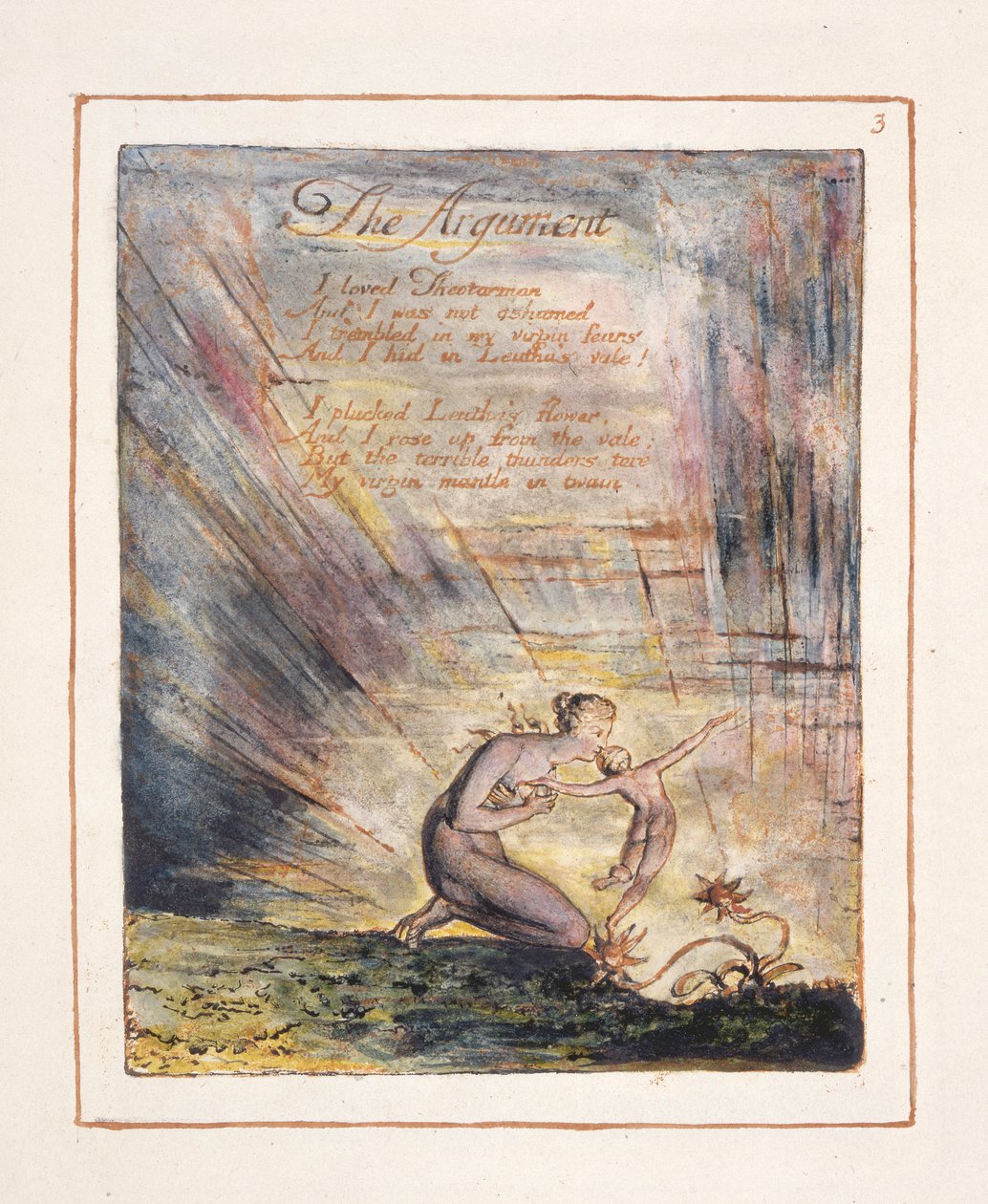 رؤى بنات ألبيون: "الحجة" ، اللوحة 3 ، المصممة عام 1793 ، اكتملت عام 1815 (النقش البارز بالقلم والمرحاض على الورق) بواسطة وليام بليك