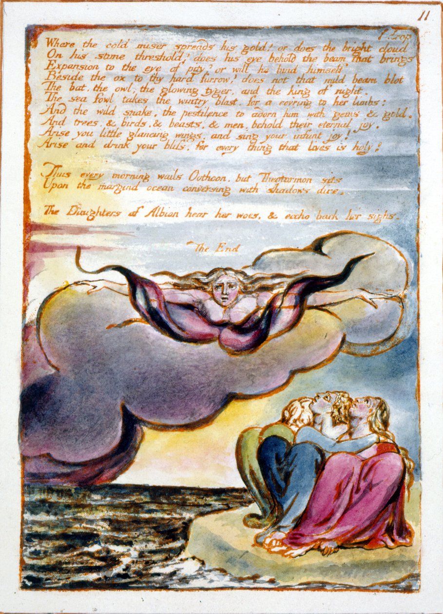 رؤى بنات ألبيون: "حيث ينشر البخيل البارد ذهبه .." صمم عام 1793 ، تم الانتهاء في 1815 (النقش البارز بالقلم والمرحاض على الورق) بواسطة وليام بليك