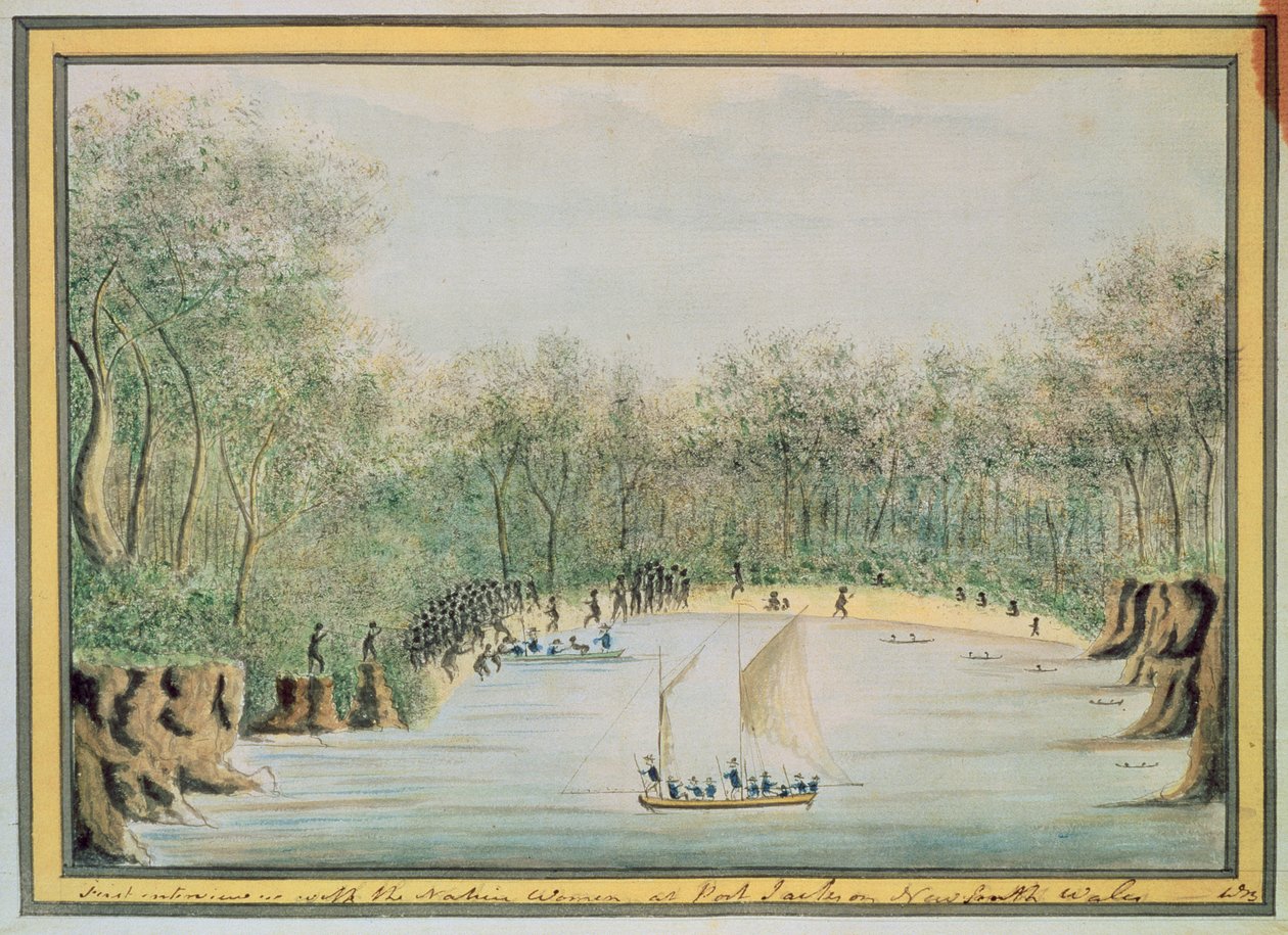 أول مقابلة مع النساء الأصليات في بورت جاكسون ، نيو ساوث ويلز ، 1788 بواسطة وليام برادلي