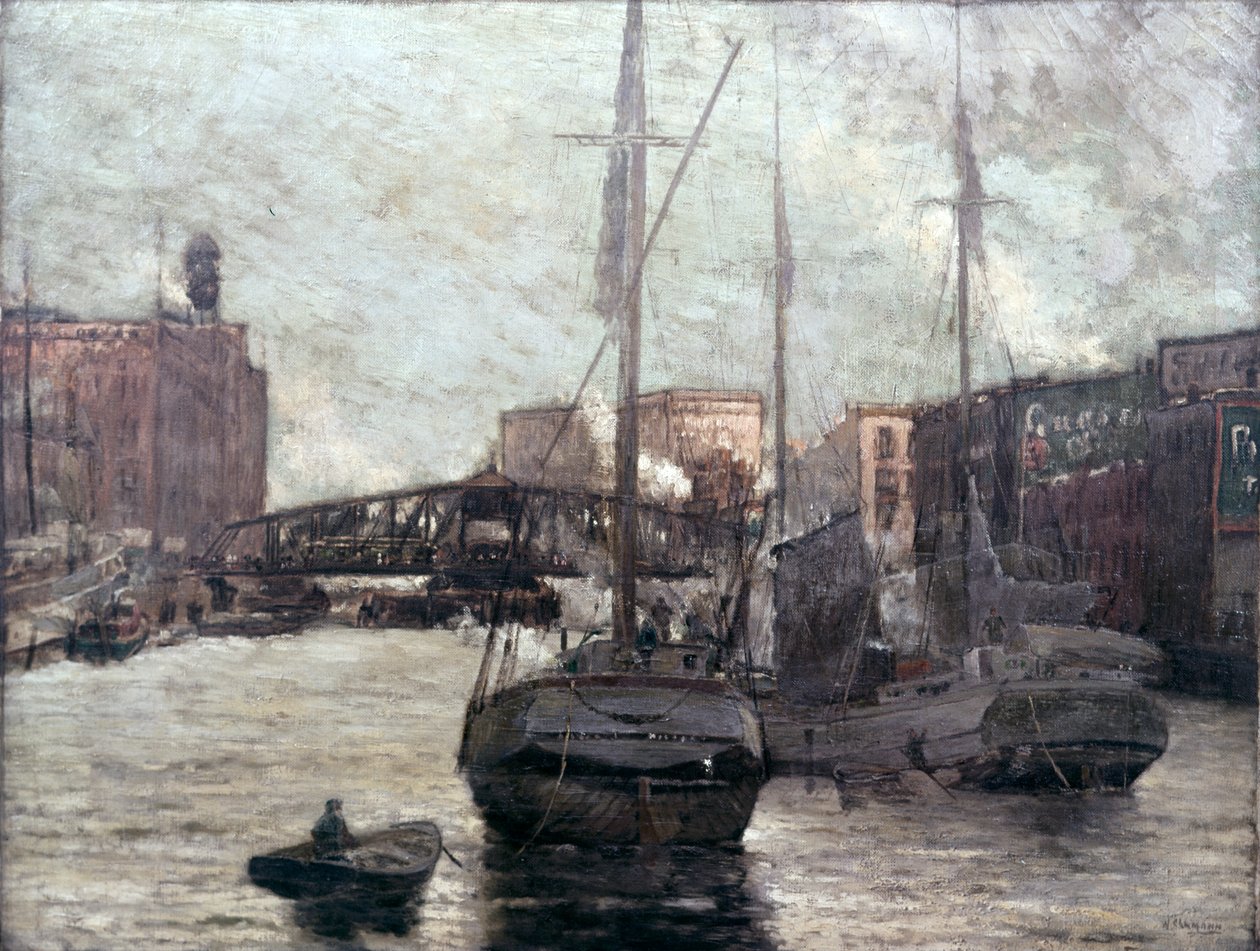 منظر لنهر شيكاغو يظهر جسر كلارك ستريت ، 1910-1912 بواسطة وليام كلوسمان