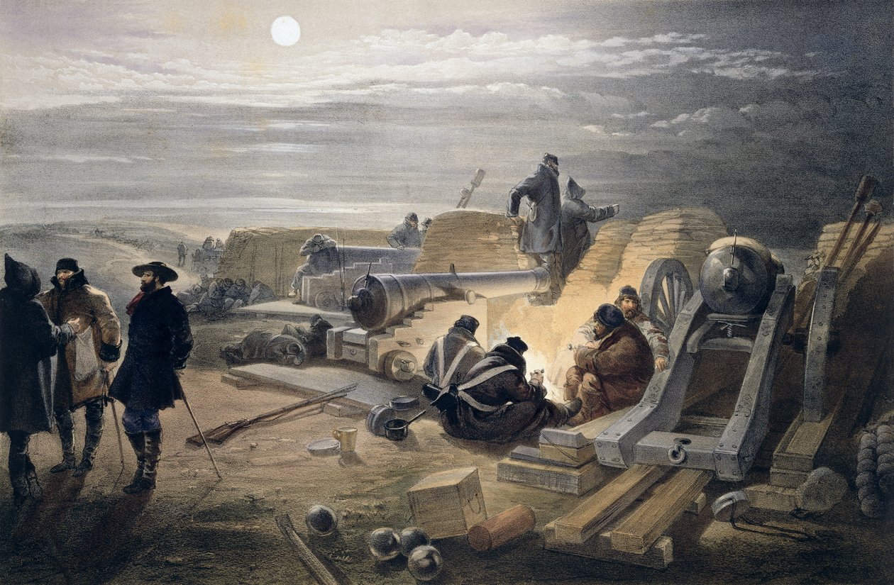 ليلة هادئة في البطاريات ، لوحة من "مقعد الحرب في الشرق" ، نشرتها شركة كولناغي وشركاه ، 1856 بواسطة وليام كريميا سيمبسون
