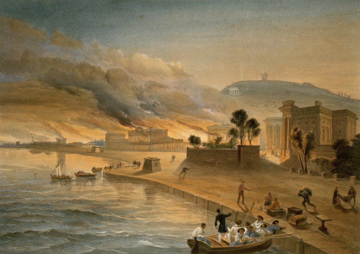 حرق المباني الحكومية في Kertch ، لوحة من "مقعد الحرب في الشرق" ، حانة. بقلم Paul und Dominic Colnaghi und Co. ، 1856 بواسطة وليام كريميا سيمبسون