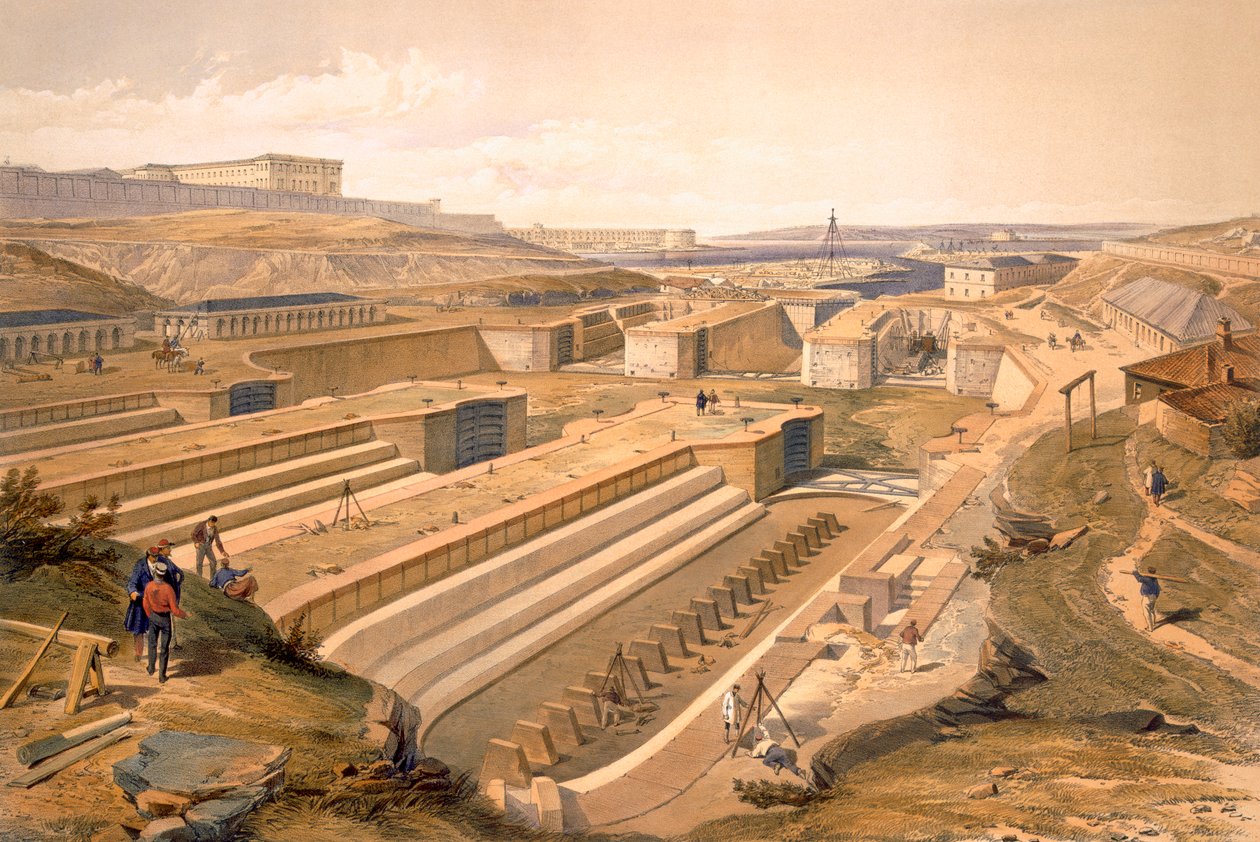 أرصفة في سيباستوبول ، لوحة من "مقعد الحرب في الشرق" ، حانة. بقلم Paul und Dominic Colnaghi und Co. ، 1856 بواسطة وليام كريميا سيمبسون