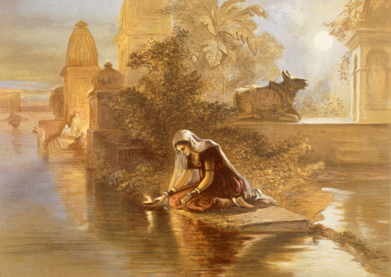 امرأة هندية عائمة مصابيح على نهر الغانج ، من الهند القديمة والحديثة ، 1867 بواسطة وليام كريميا سيمبسون