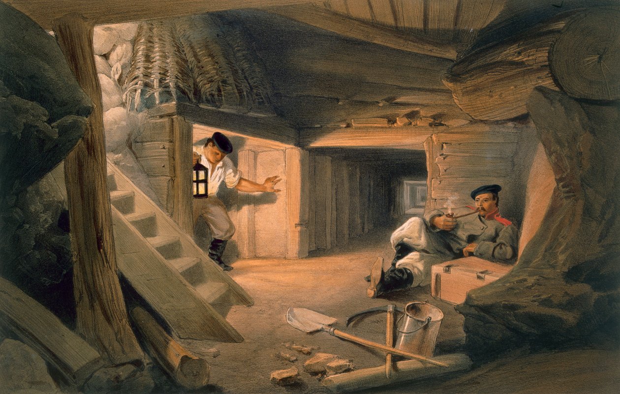 منجم باستيون دو مات ، لوحة من "مقعد الحرب في الشرق" ، حانة. بقلم Paul und Dominic Colnaghi und Co. ، 1856 بواسطة وليام كريميا سيمبسون