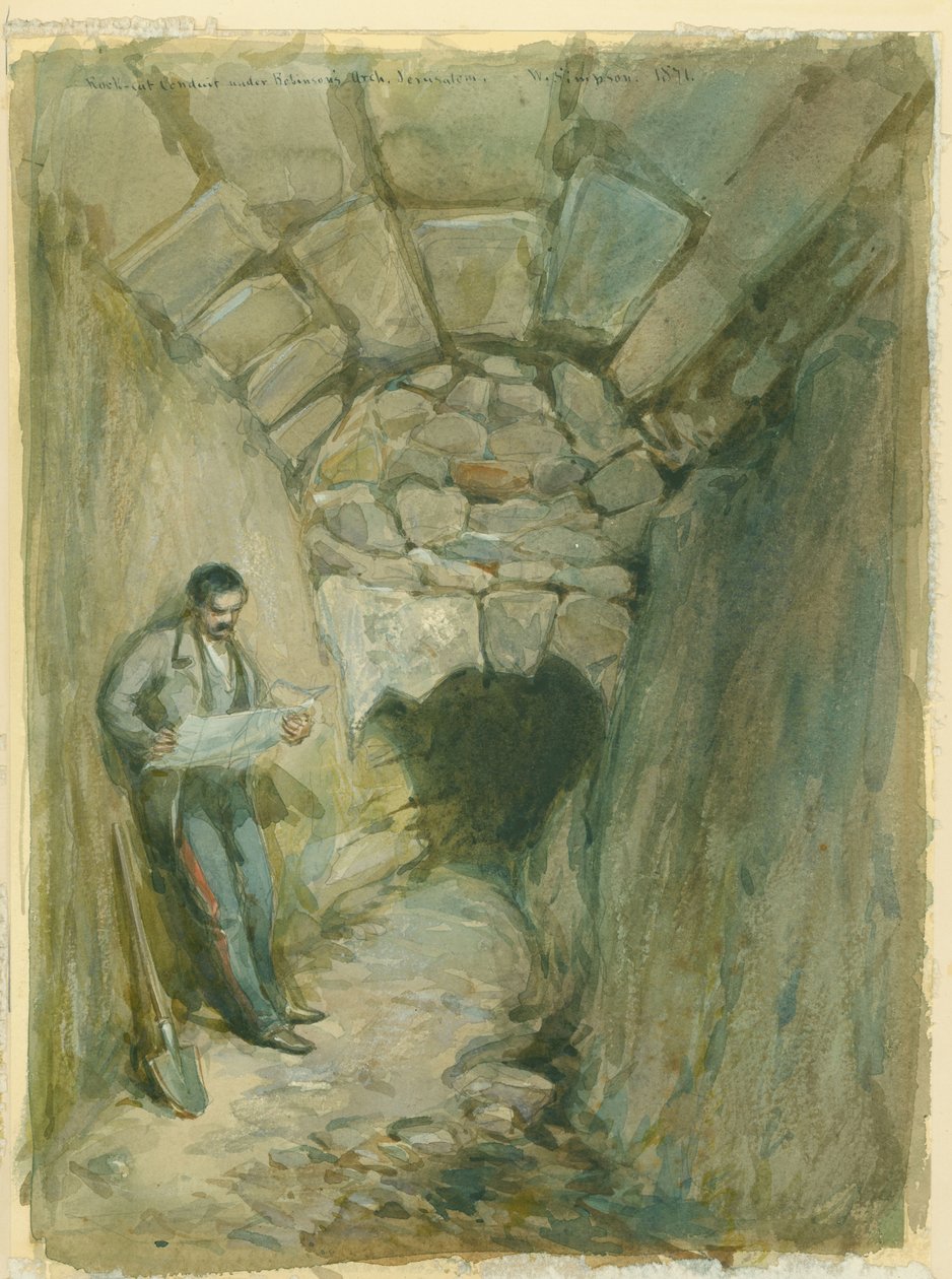 قناة قطع الصخور تحت قوس روبنسون ، القدس ، 1871 (مرحاض وقلم رصاص على ورق بواسطة وليام كريميا سيمبسون