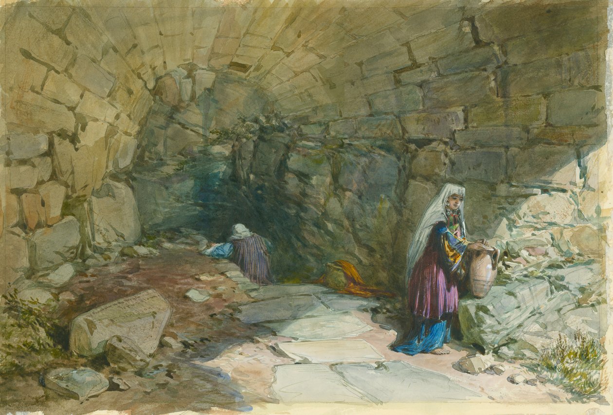 ينبوع العذراء ، القدس ، 1869 (مرحاض وقلم رصاص على ورق) بواسطة وليام كريميا سيمبسون