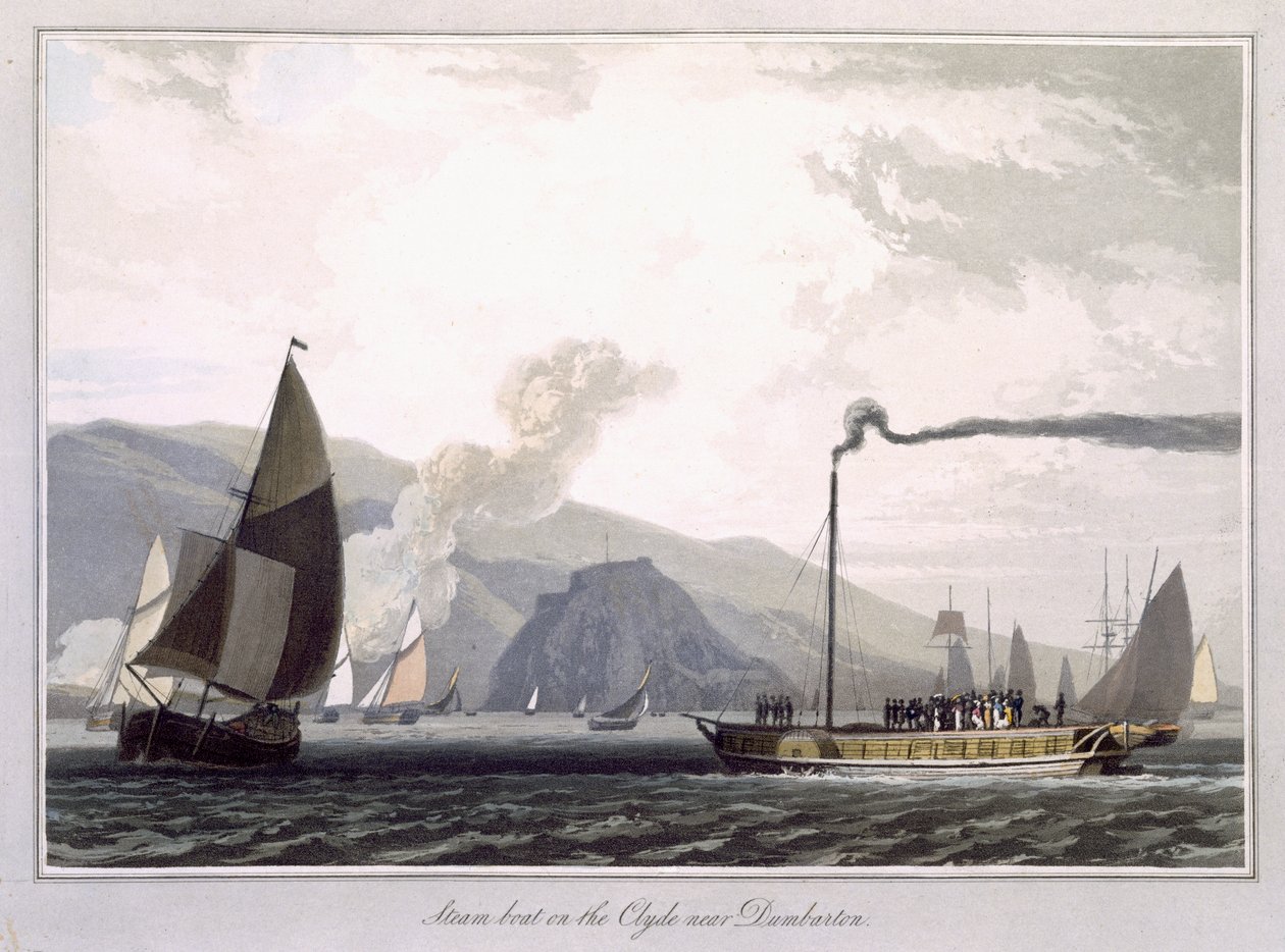 قارب بخاري على كلايد بالقرب من دمبارتون ، من "رحلة حول بريطانيا العظمى تم القيام بها بين عامي 1814 و 1825" نُشر عام 1829 بواسطة وليام دانييل