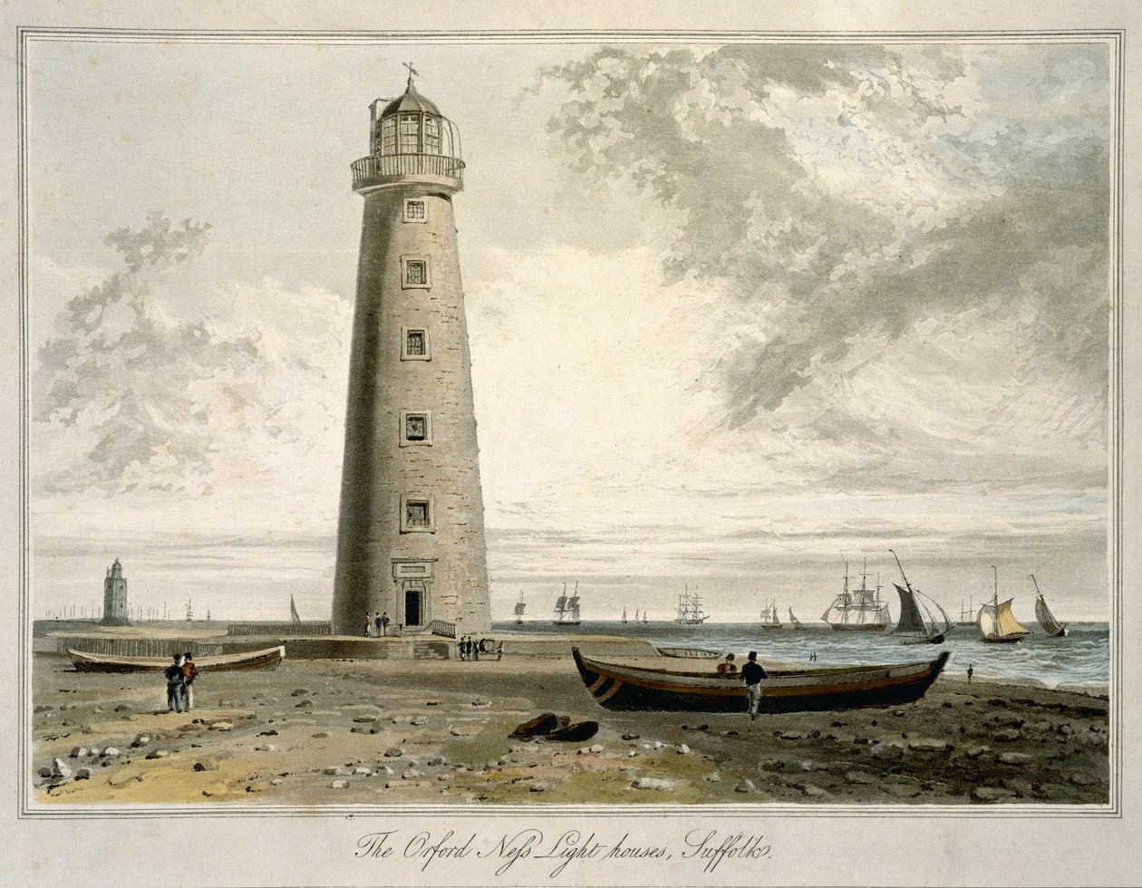 منارات Orford Nefs ، سوفولك ، من المجلد السادس من "رحلة حول بريطانيا العظمى التي جرت بين عامي 1814 و 1825" ، تم نشرها عام 1822 (أكواتينت) بواسطة وليام دانييل